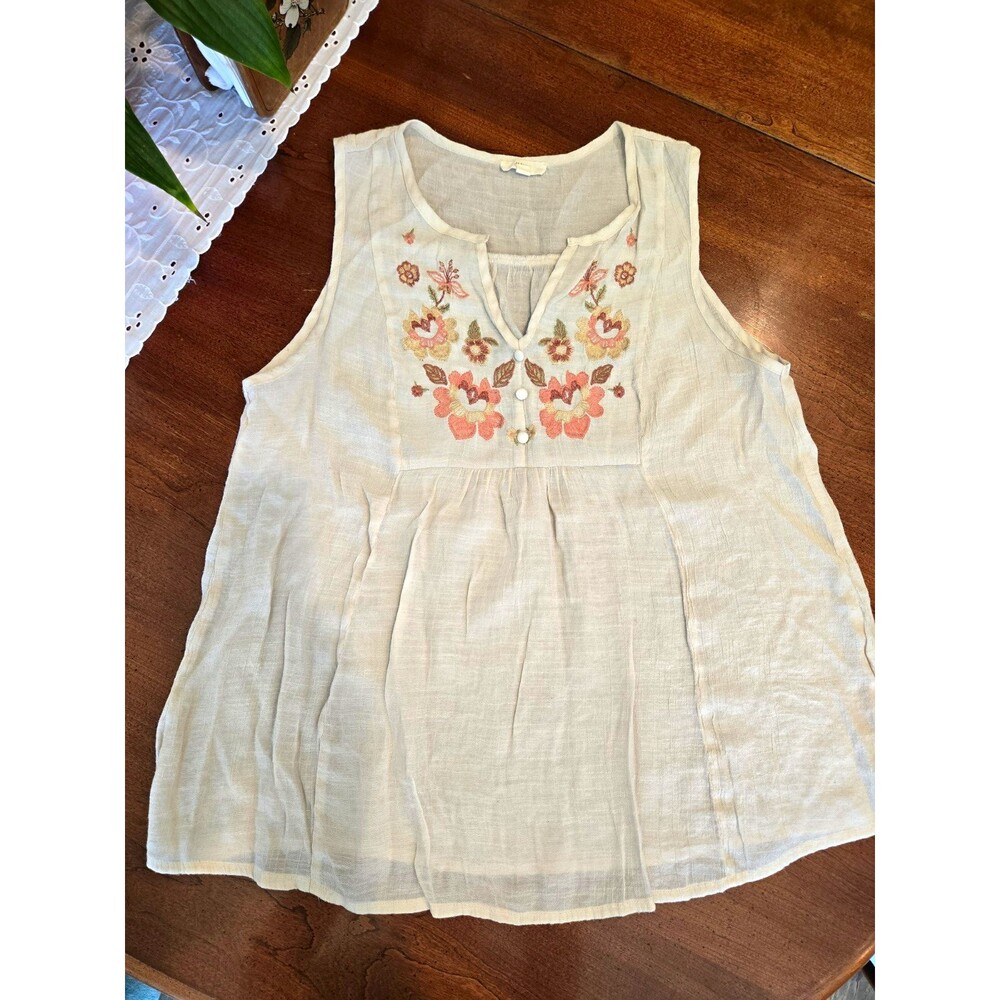 Mine Women's White Floral Embroidered Round Neck Sleeveless Tunic Blouse S